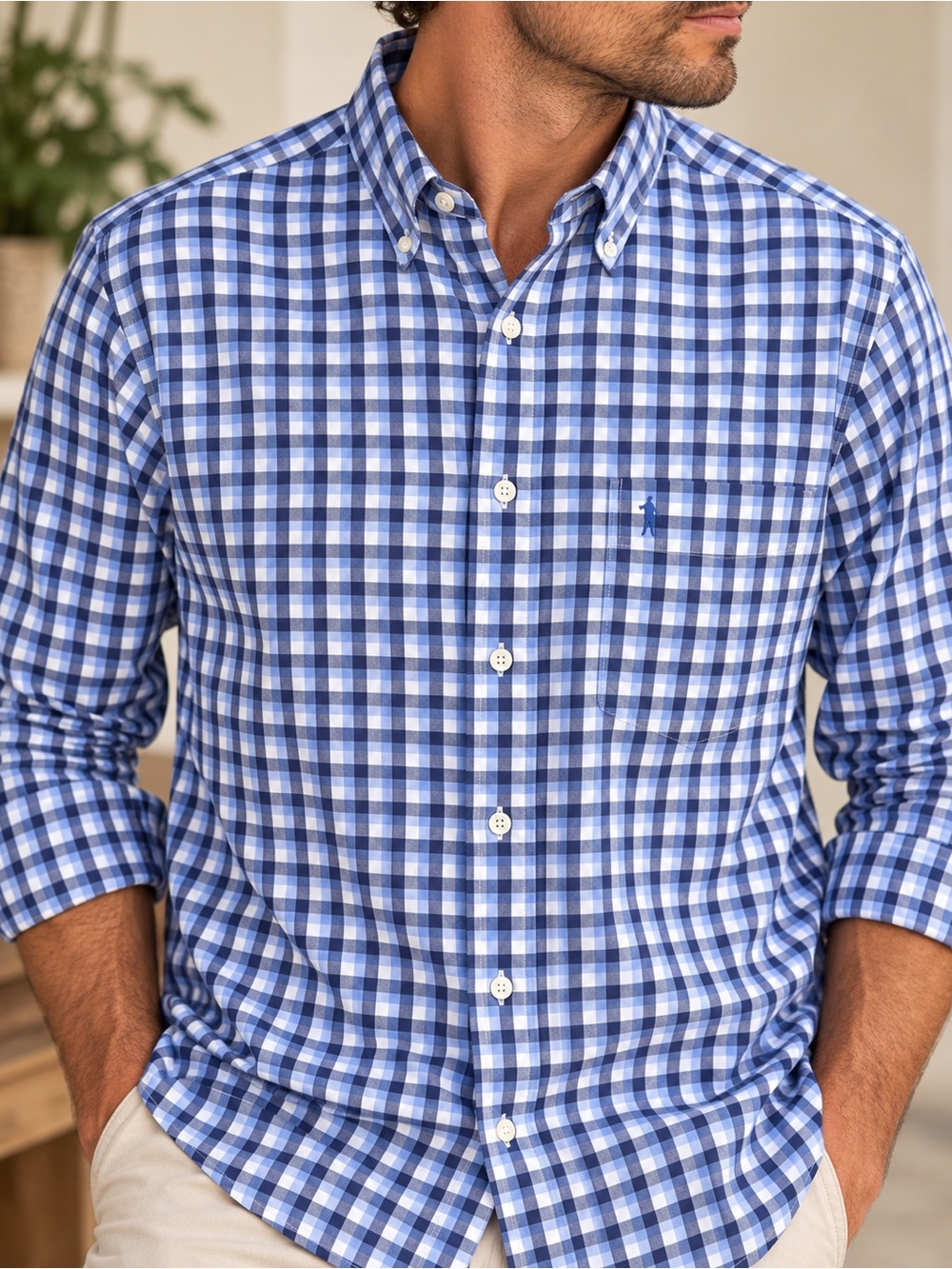 johnnie-O Men’s XXL Blue Gingham 100% Pima Cotton Button Down Shirt #485